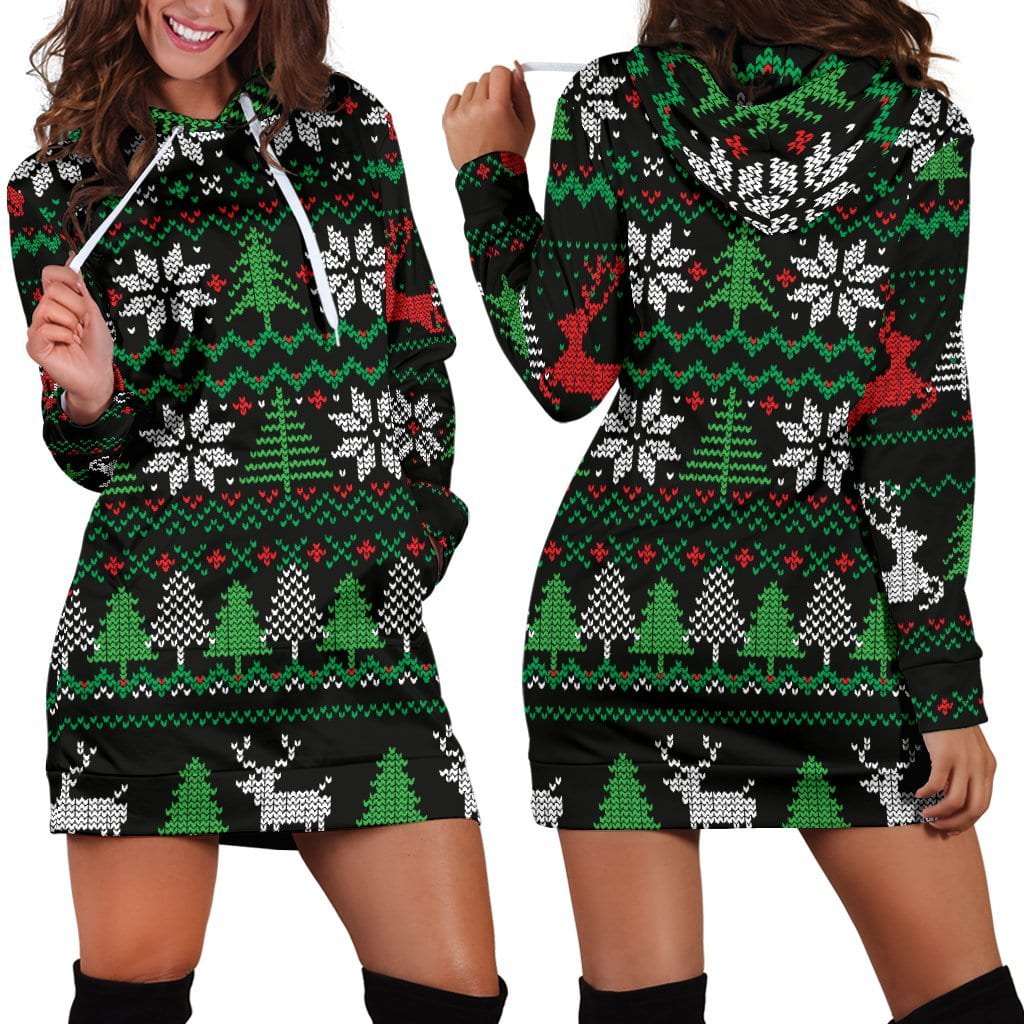Ugly Christmas Red Green Black Hoodie Dress Women's Hoodie Dress / 4XL