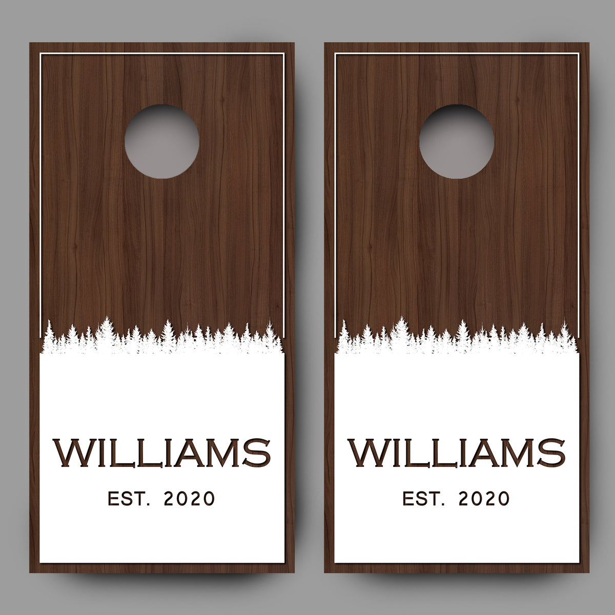 Custom Name with Trees on Wood White Cornhole Board Decal Wraps