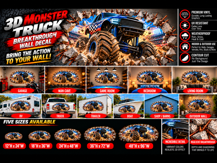 Monster truck contour cut decal with indoor and outdoor application examples and five available sizes