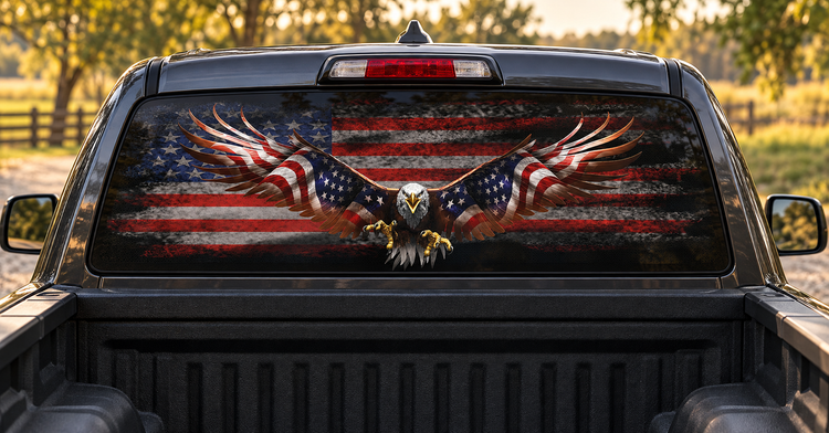 Eagle and distressed American flag rear window graphic shown on a charcoal pickup truck