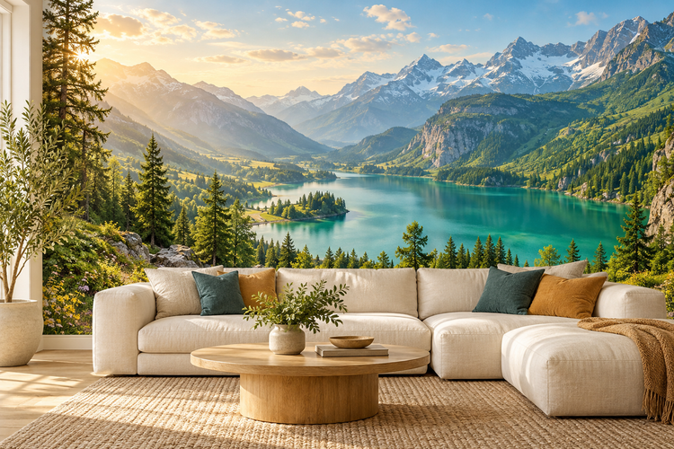 Inviting sunlit living room featuring a vibrant mountain lake wallpaper mural