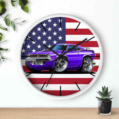 American Muscle Car Wall Clock — Purple Challenger with USA Flag