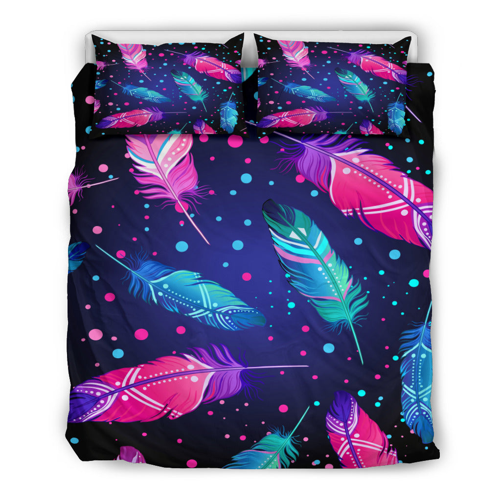 Blue Pink Feather Bohemian Bedding Set