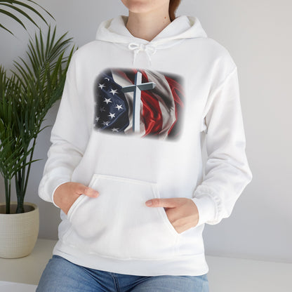 Gildan Patriotic Cross Hoodie — American Flag Christian Faith Pullover