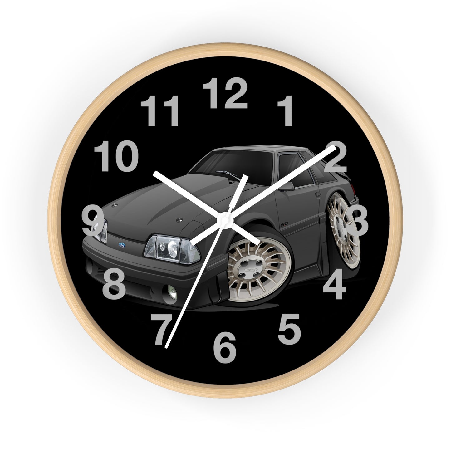 Mustang Fox Body Classic Muscle Car Wall Clock — Black Vintage Sports Car Clock for Garage & Man Cave