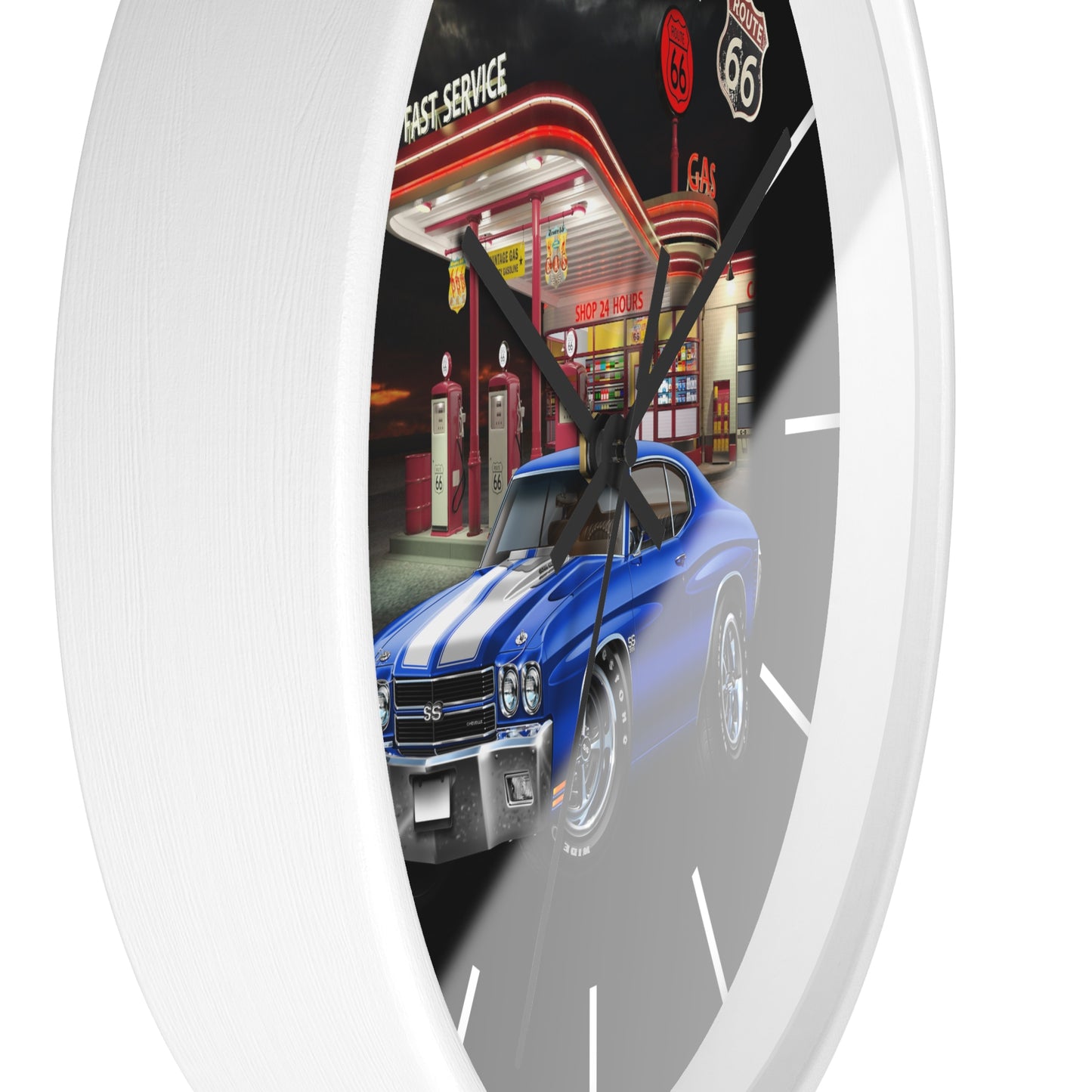 Classic Muscle Car Wall Clock — Blue 1970 Chevelle at Route 66 Gas Station