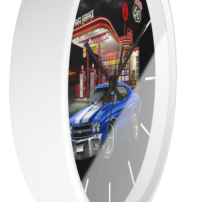 Classic Muscle Car Wall Clock — Blue 1970 Chevelle at Route 66 Gas Station