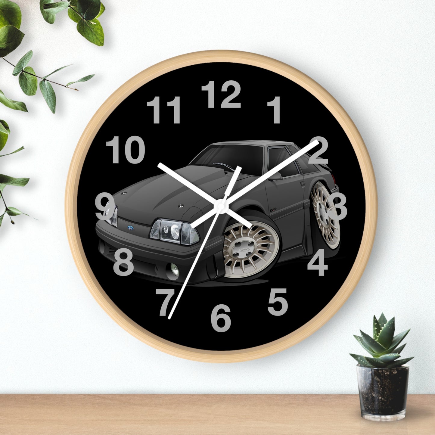 Mustang Fox Body Classic Muscle Car Wall Clock — Black Vintage Sports Car Clock for Garage & Man Cave