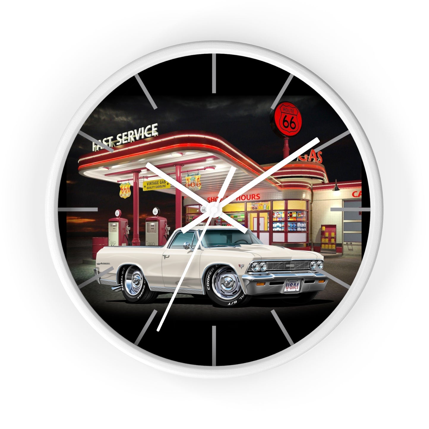 1966 El Camino Classic Car Wall Clock — Retro Route 66 Gas Station Design