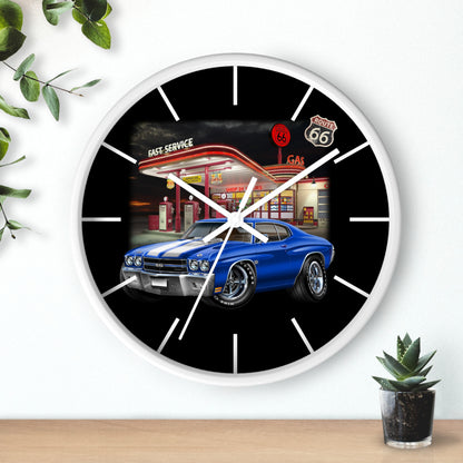 Classic Muscle Car Wall Clock — Blue 1970 Chevelle at Route 66 Gas Station