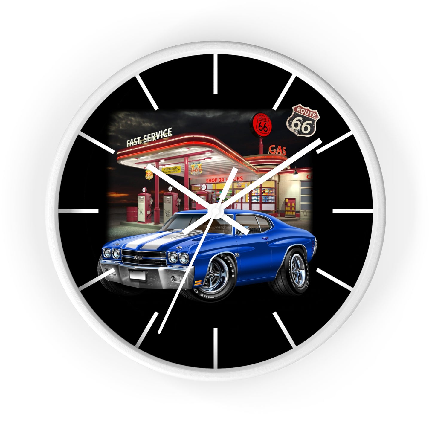 Classic Muscle Car Wall Clock — Blue 1970 Chevelle at Route 66 Gas Station