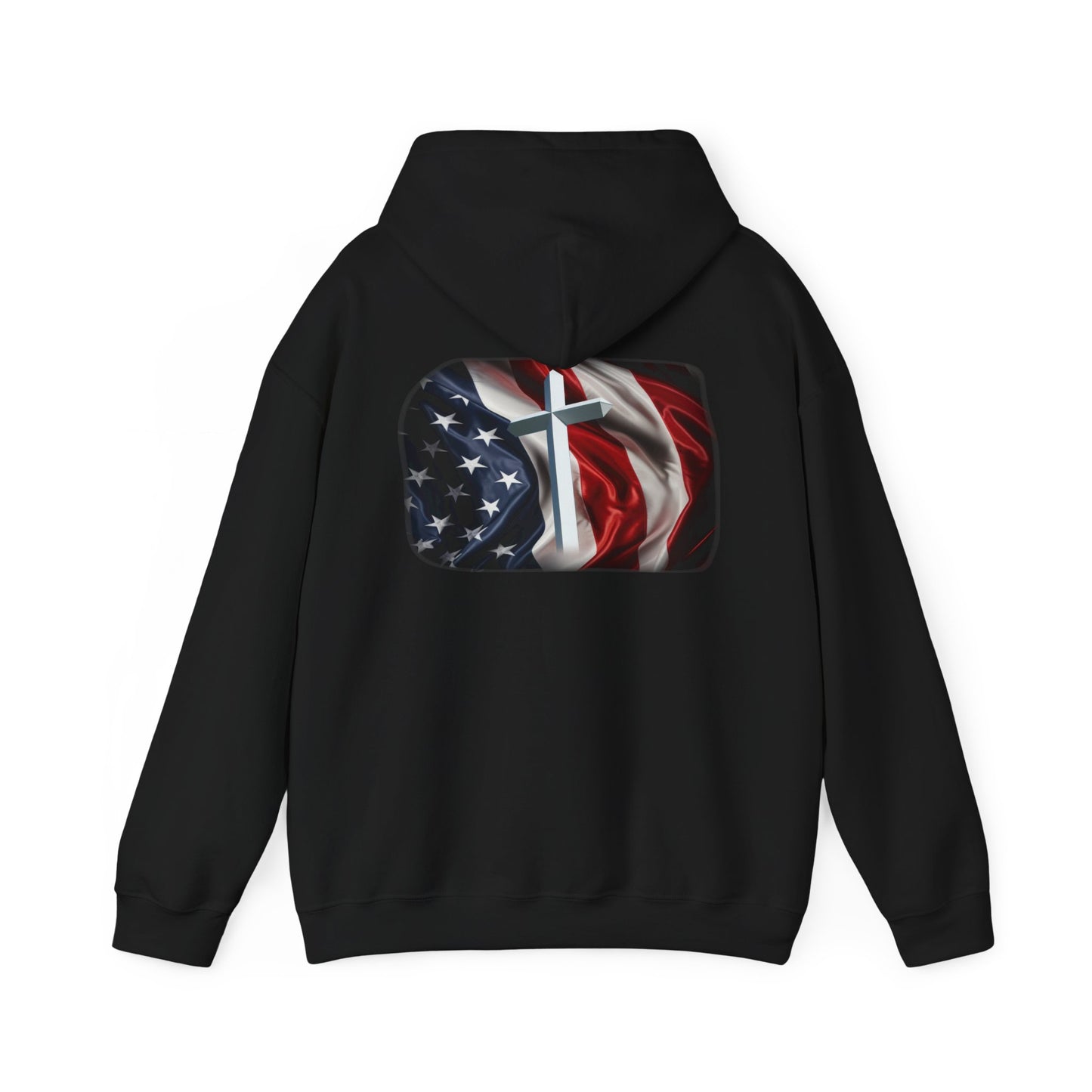 Gildan Patriotic Cross Hoodie — American Flag Christian Faith Pullover