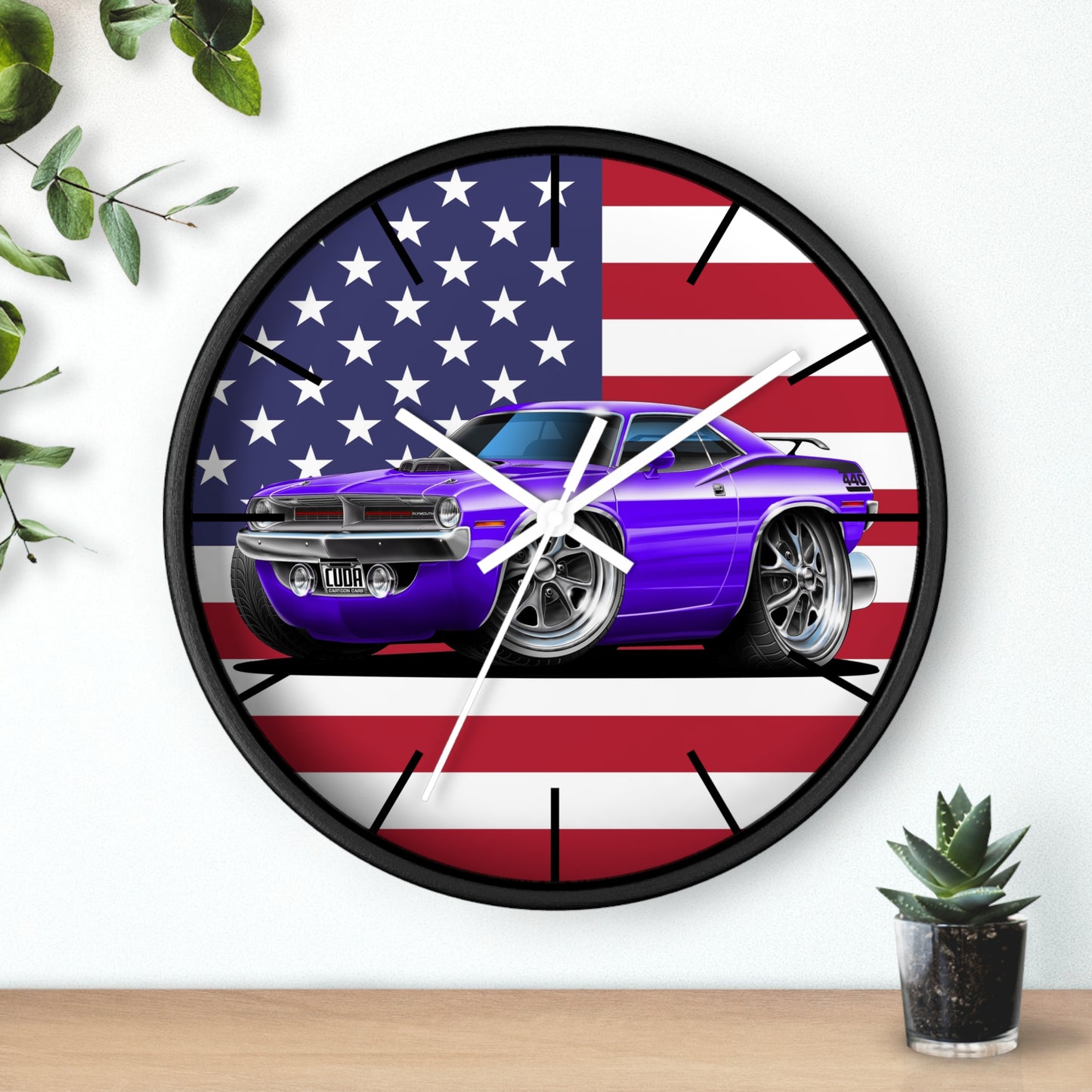 American Muscle Car Wall Clock — Purple Challenger with USA Flag