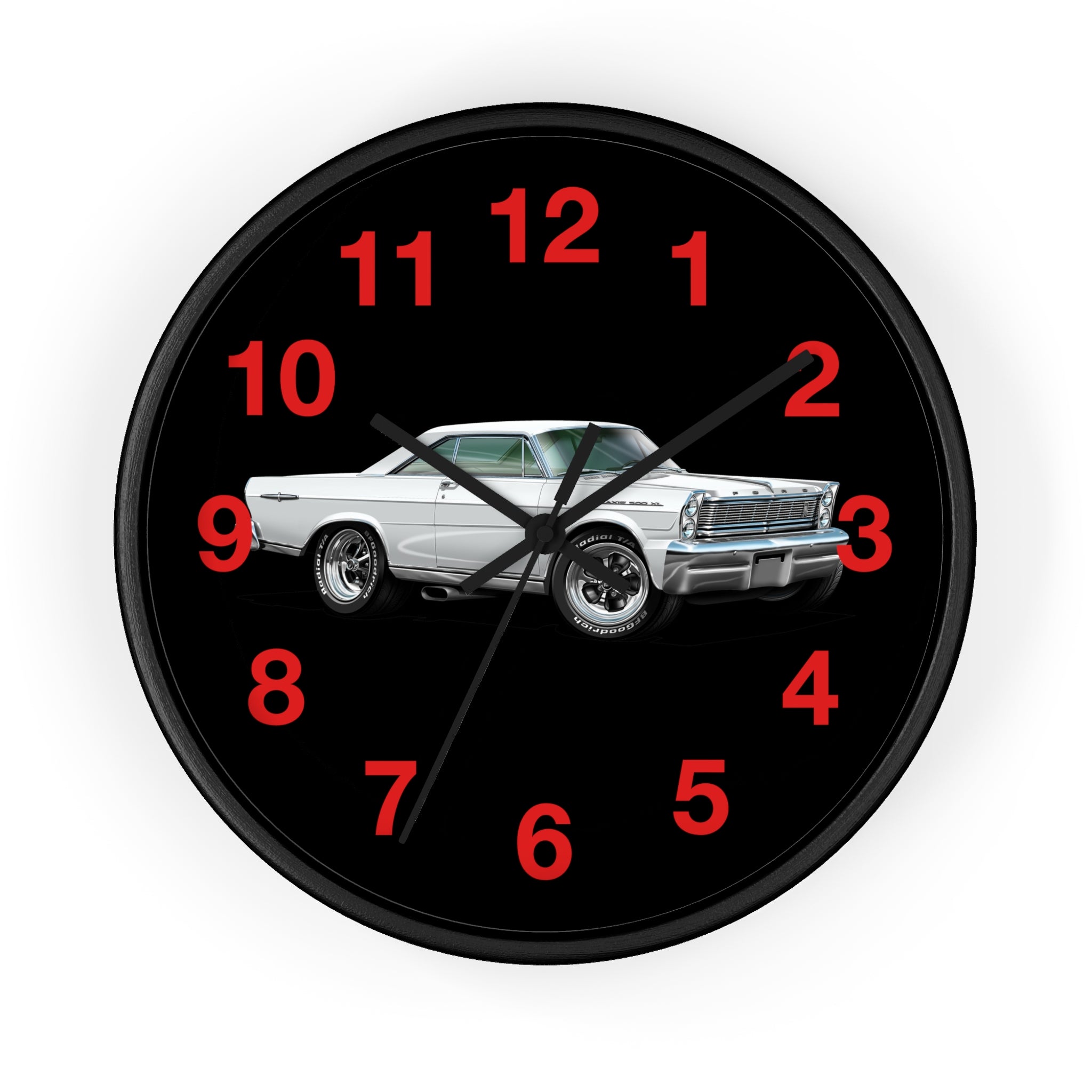 Classic Muscle Car Wall Clock — Retro White 1965 Ford Galaxie Timepiece with Red Numerals