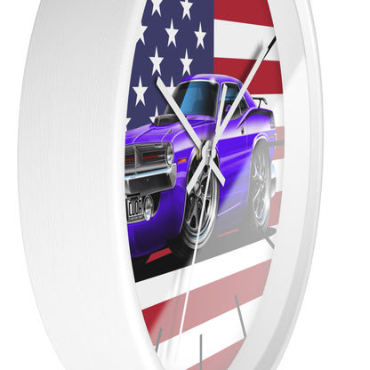 American Muscle Car Wall Clock — Purple Challenger with USA Flag