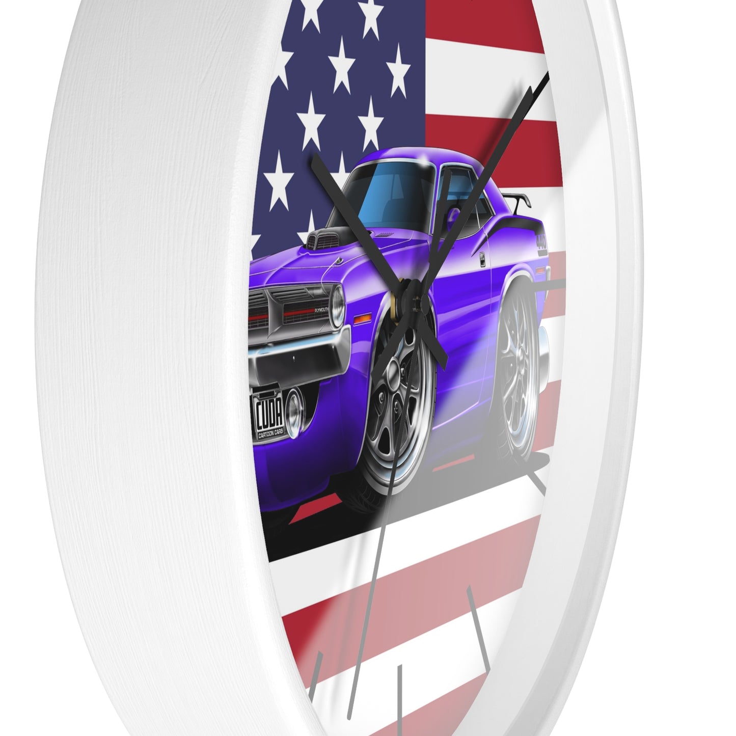 American Muscle Car Wall Clock — Purple Challenger with USA Flag