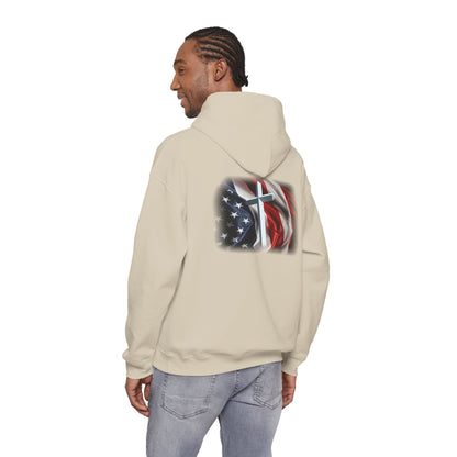 Gildan Patriotic Cross Hoodie — American Flag Christian Faith Pullover
