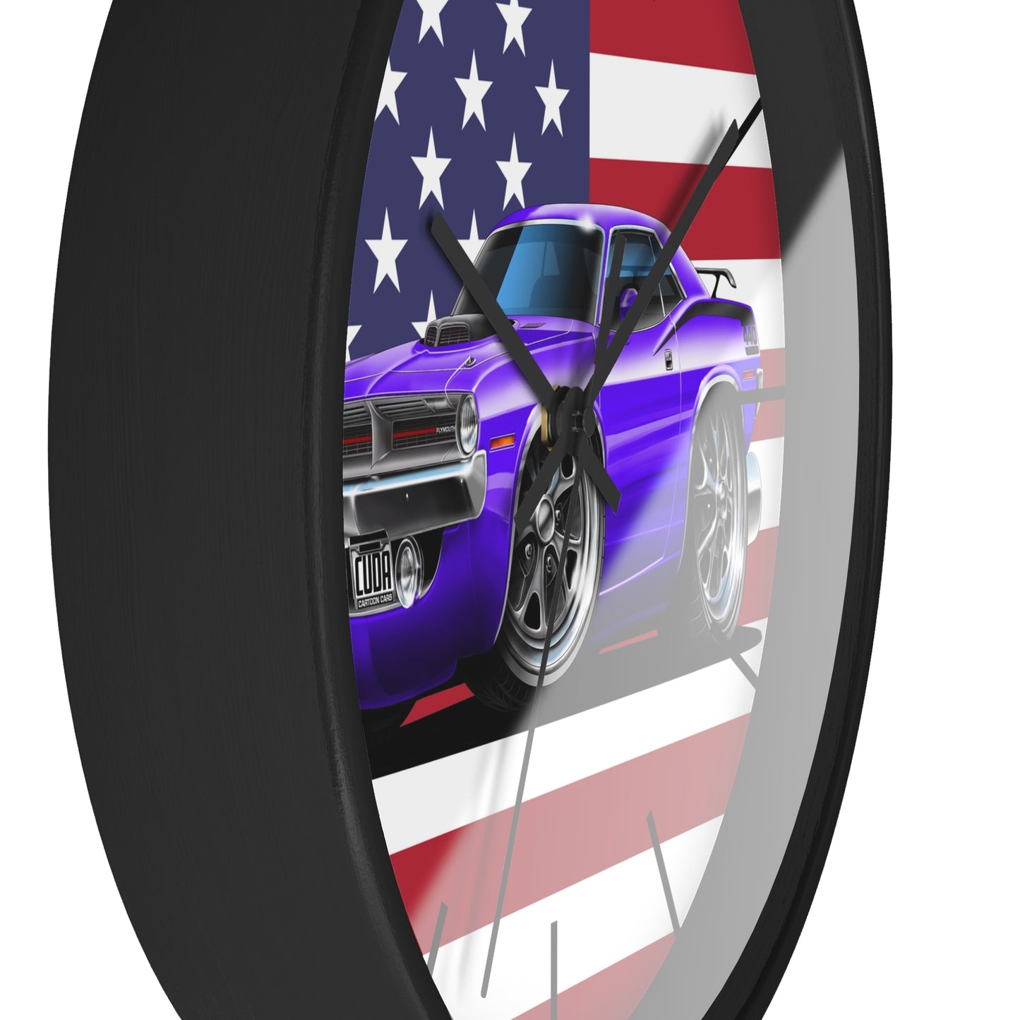 American Muscle Car Wall Clock — Purple Challenger with USA Flag