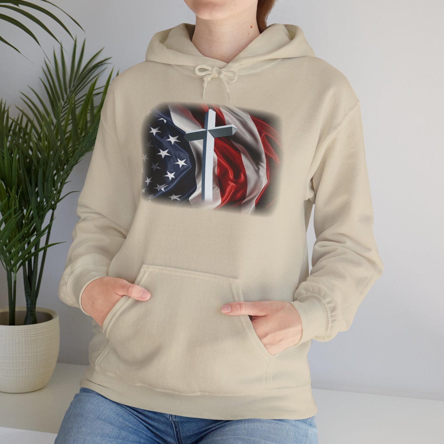 Gildan Patriotic Cross Hoodie — American Flag Christian Faith Pullover