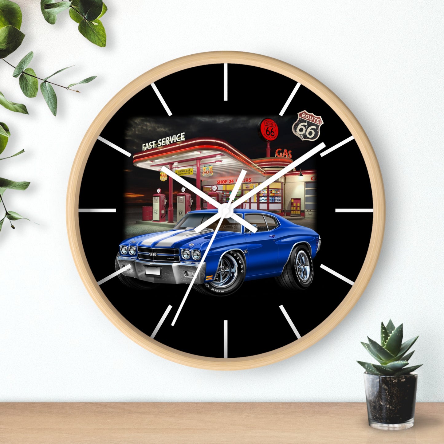 Classic Muscle Car Wall Clock — Blue 1970 Chevelle at Route 66 Gas Station