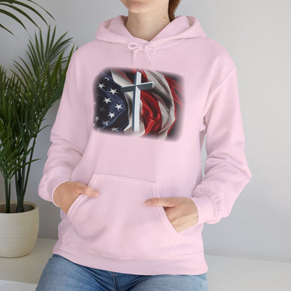 Gildan Patriotic Cross Hoodie — American Flag Christian Faith Pullover