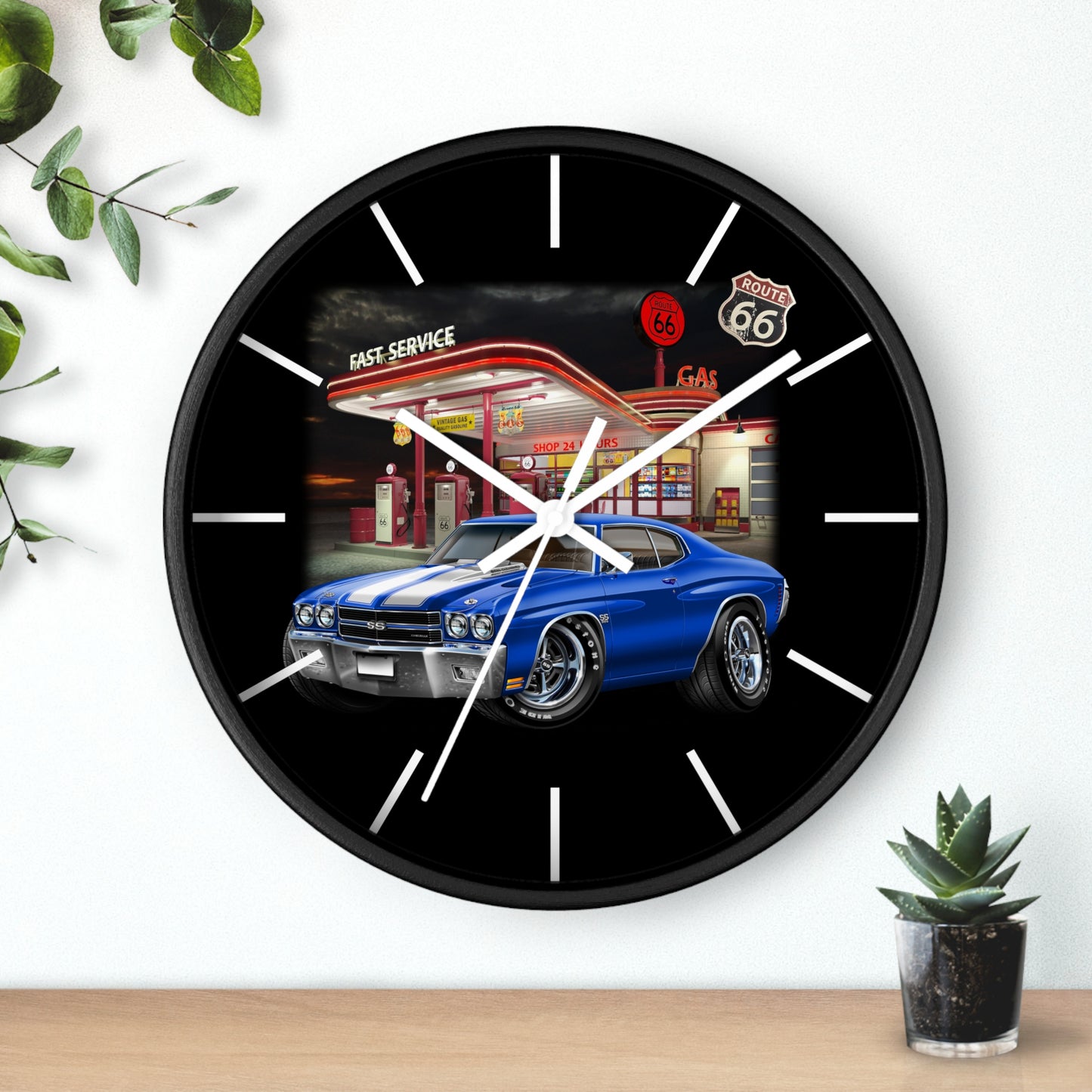 Classic Muscle Car Wall Clock — Blue 1970 Chevelle at Route 66 Gas Station