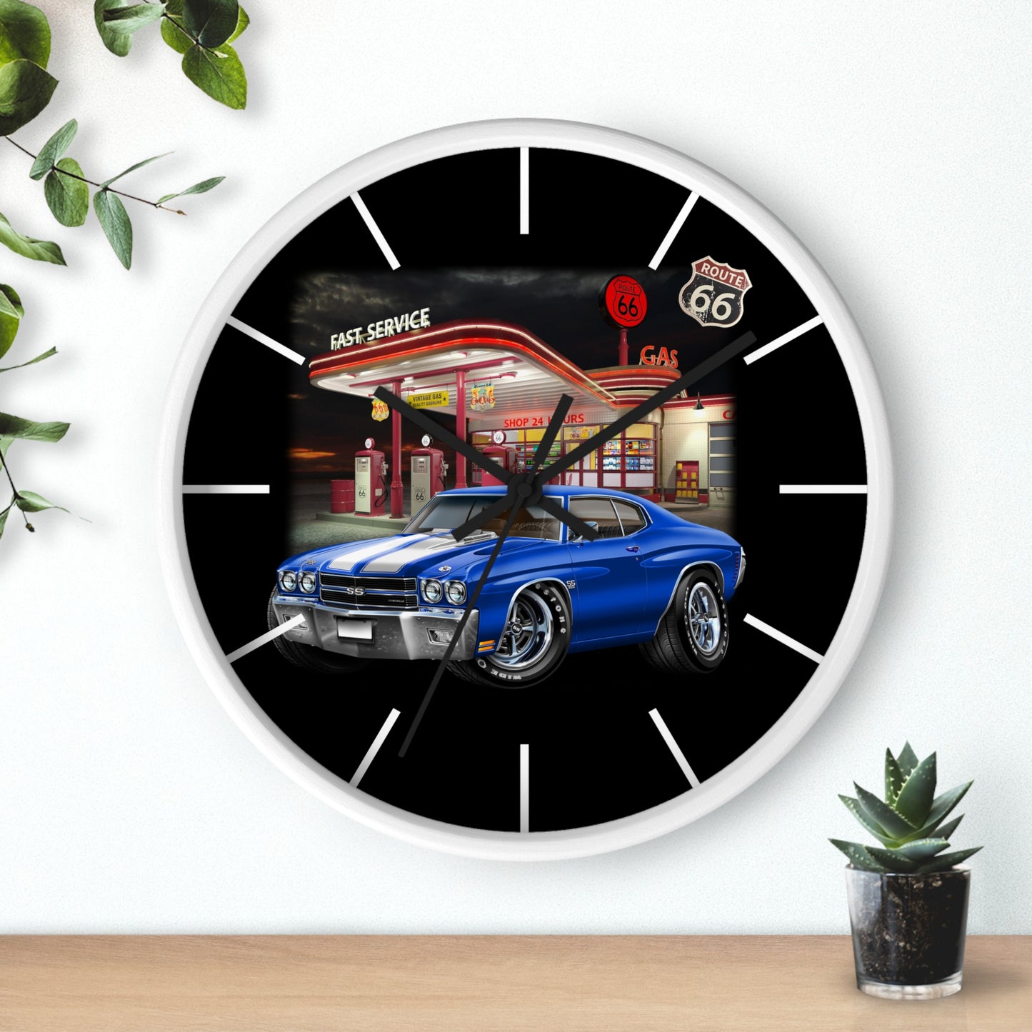 Classic Muscle Car Wall Clock — Blue 1970 Chevelle at Route 66 Gas Station