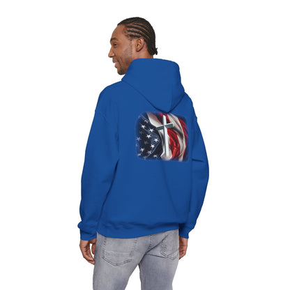 Gildan Patriotic Cross Hoodie — American Flag Christian Faith Pullover
