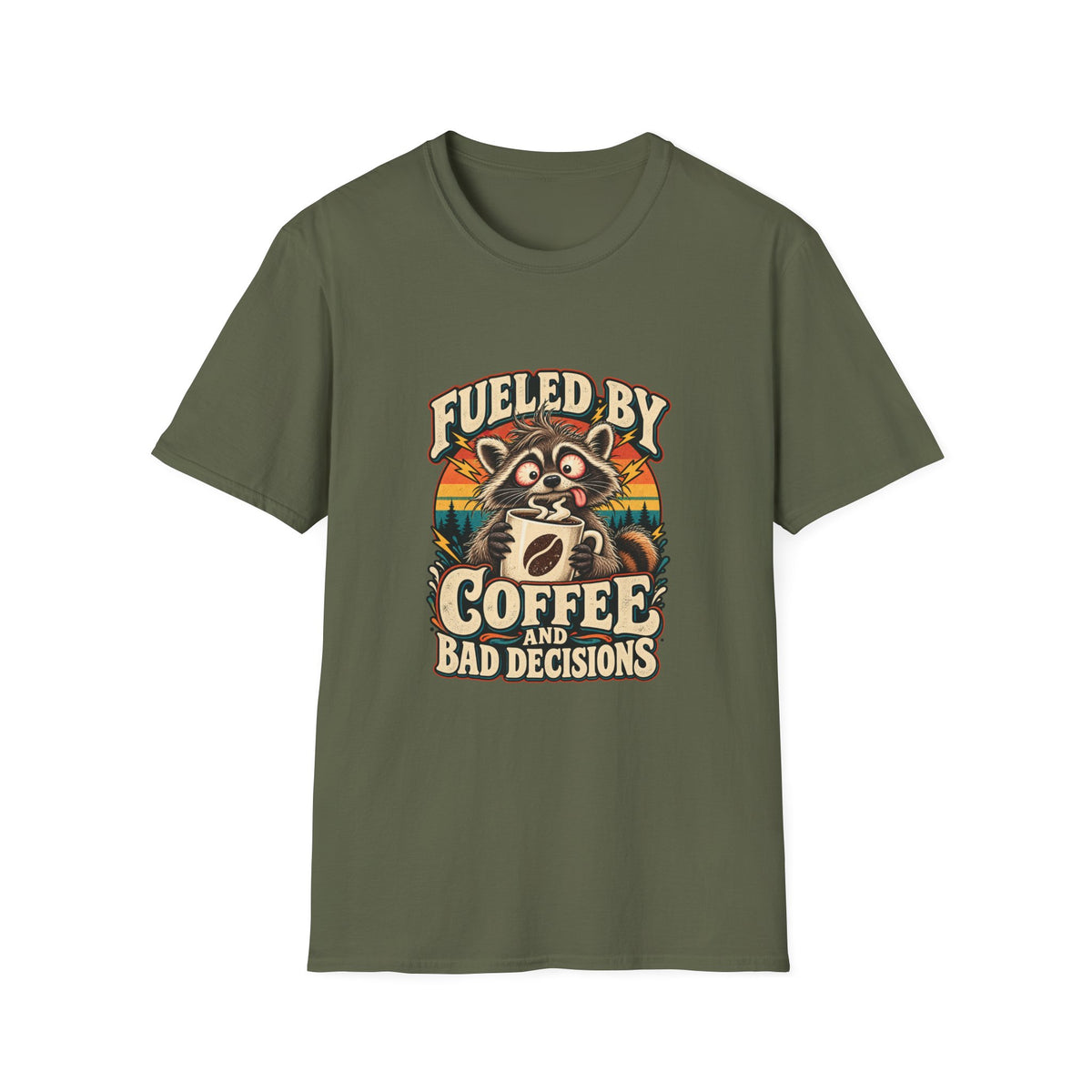 Fueled by Coffee and Bad Decisions T-Shirt | Funny Raccoon Tee