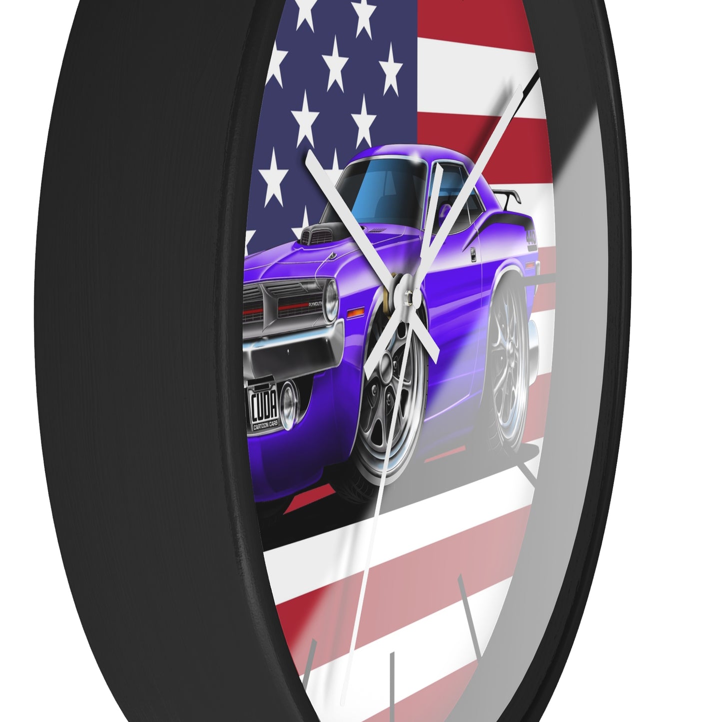 American Muscle Car Wall Clock — Purple Challenger with USA Flag