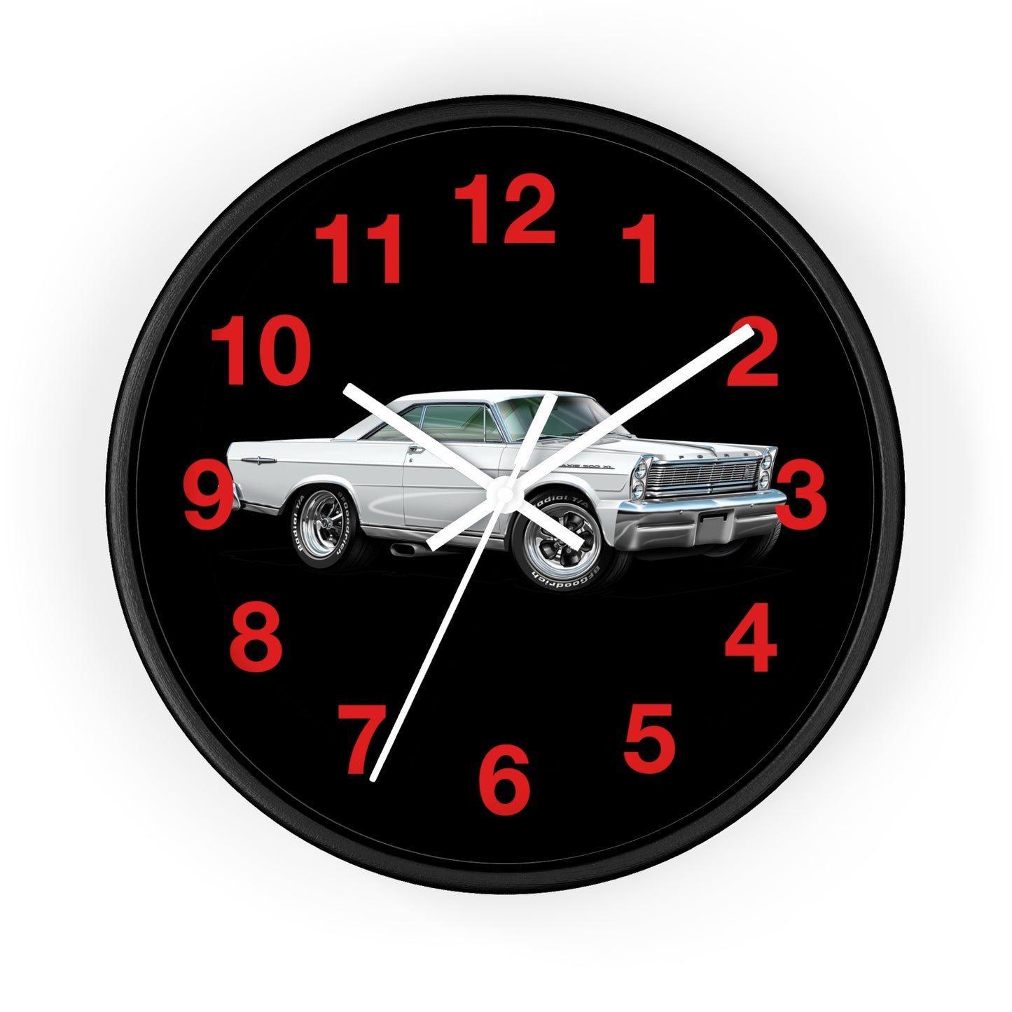Classic Muscle Car Wall Clock — Retro White 1965 Ford Galaxie Timepiece with Red Numerals
