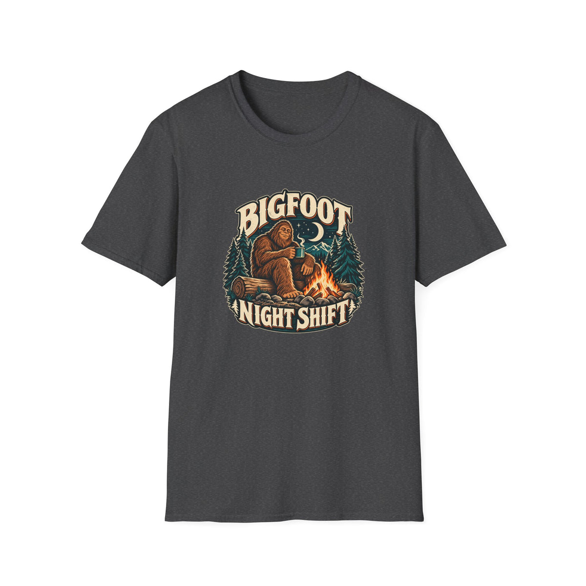 Bigfoot Night Shift T-Shirt | Vintage Sasquatch Campfire Tee