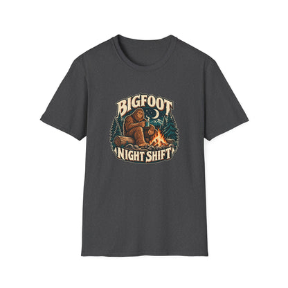 Bigfoot Night Shift T-Shirt | Vintage Sasquatch Campfire Tee