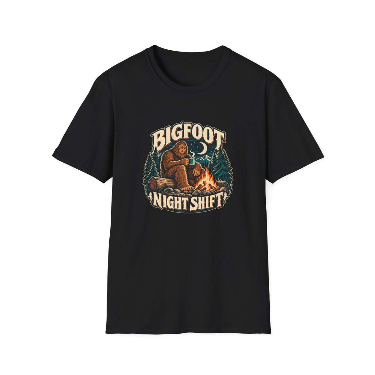 Bigfoot Night Shift T-Shirt | Vintage Sasquatch Campfire Tee