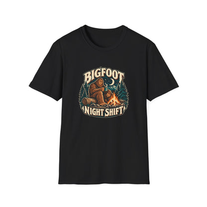 Bigfoot Night Shift T-Shirt | Vintage Sasquatch Campfire Tee