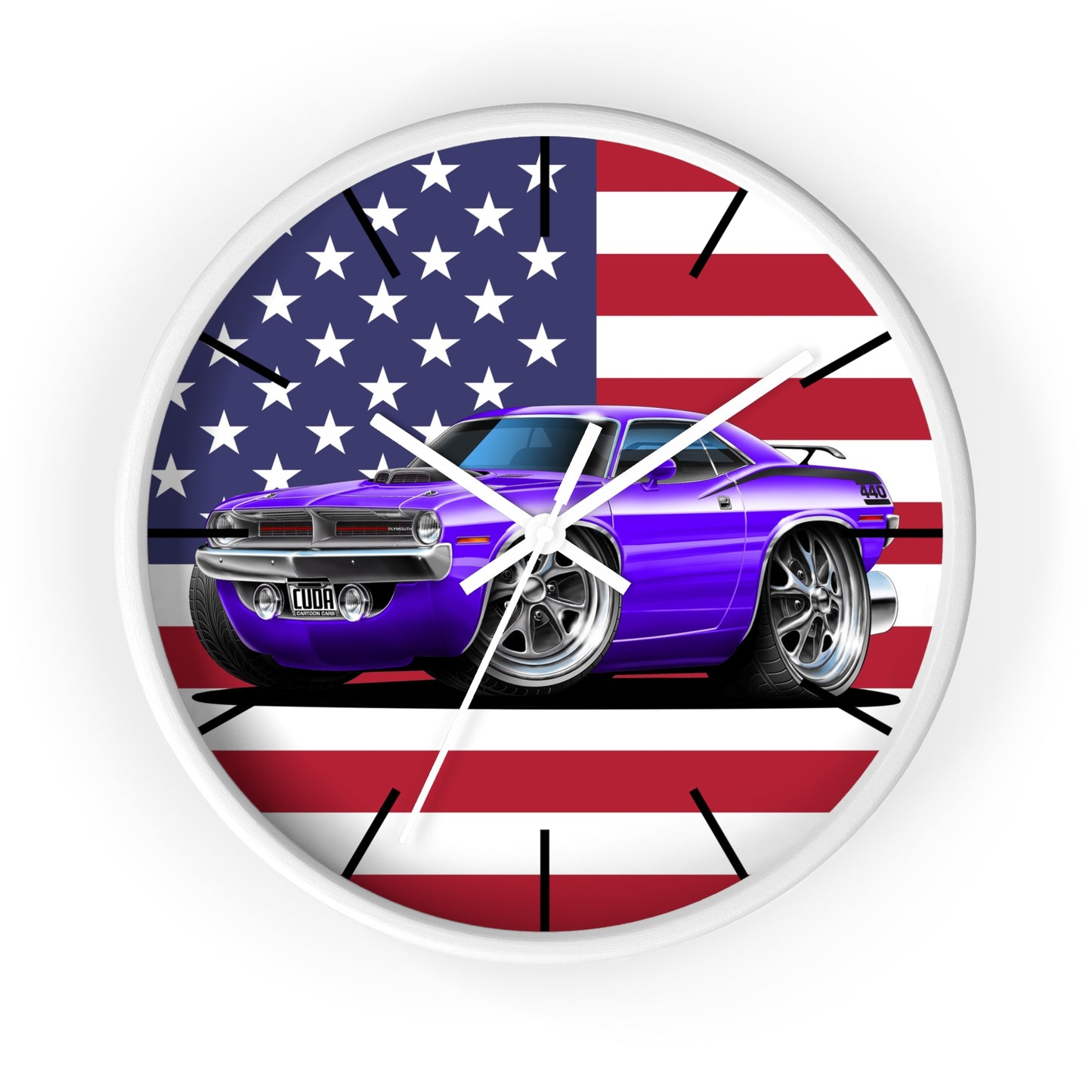 American Muscle Car Wall Clock — Purple Challenger with USA Flag