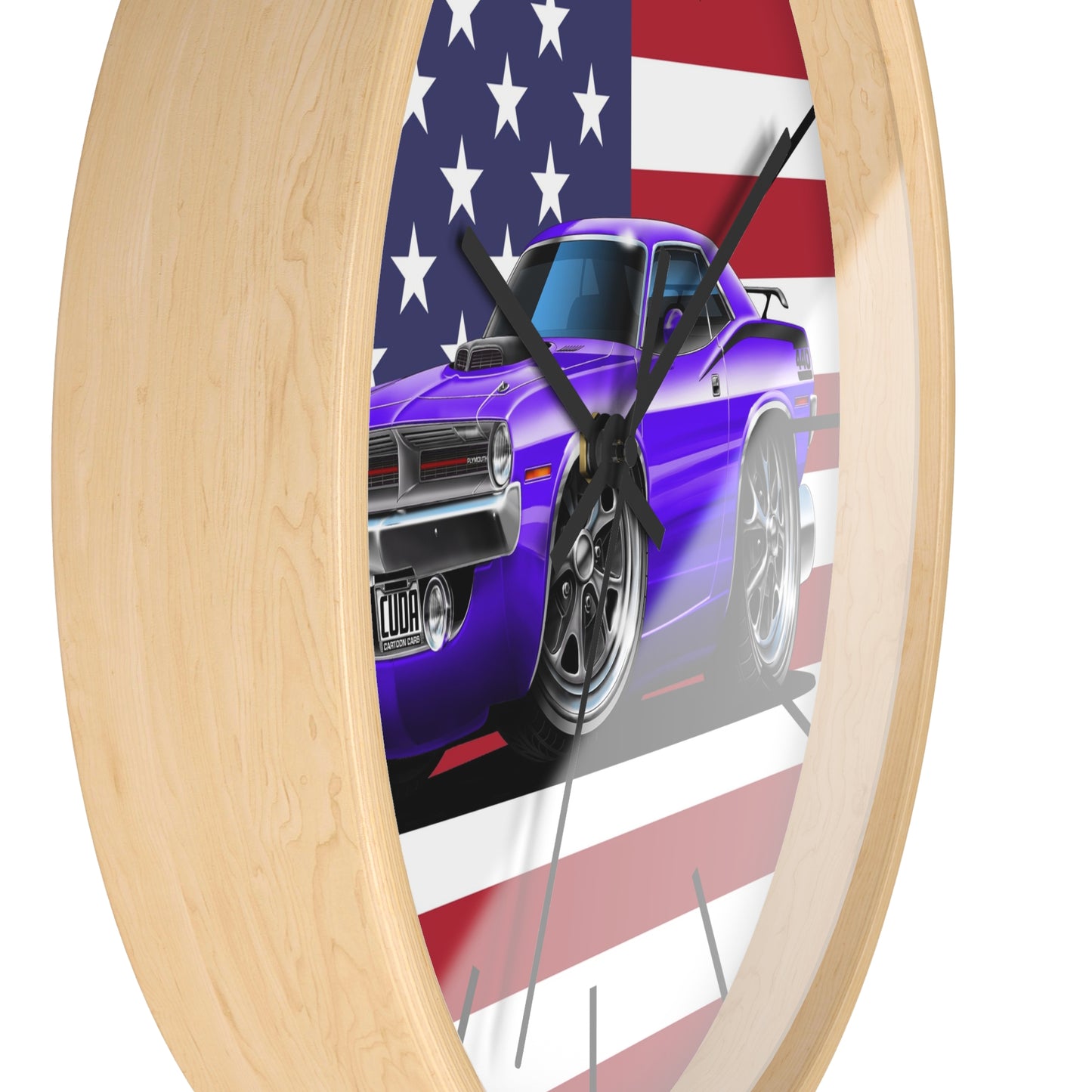 American Muscle Car Wall Clock — Purple Challenger with USA Flag