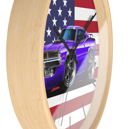 American Muscle Car Wall Clock — Purple Challenger with USA Flag