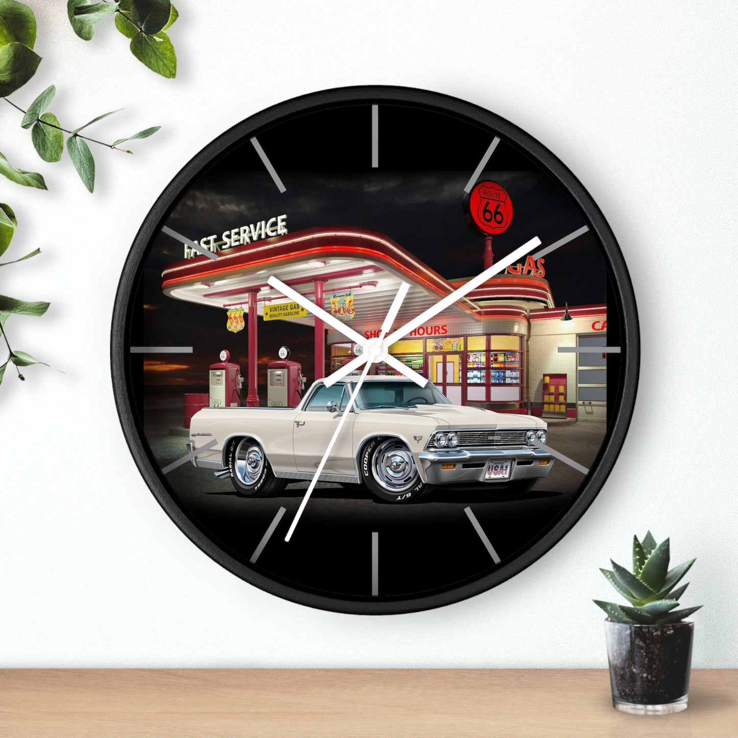 1966 El Camino Classic Car Wall Clock — Retro Route 66 Gas Station Design