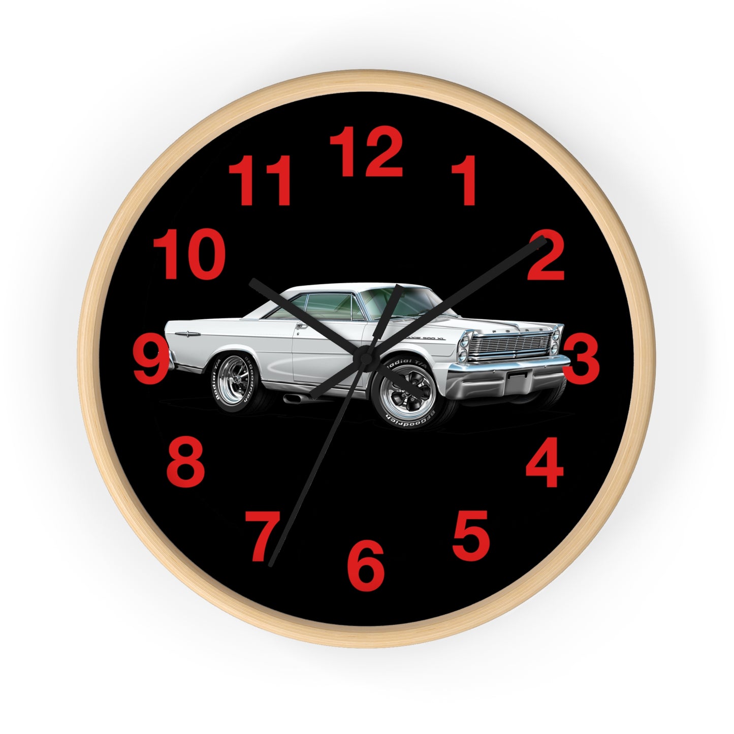 Classic Muscle Car Wall Clock — Retro White 1965 Ford Galaxie Timepiece with Red Numerals