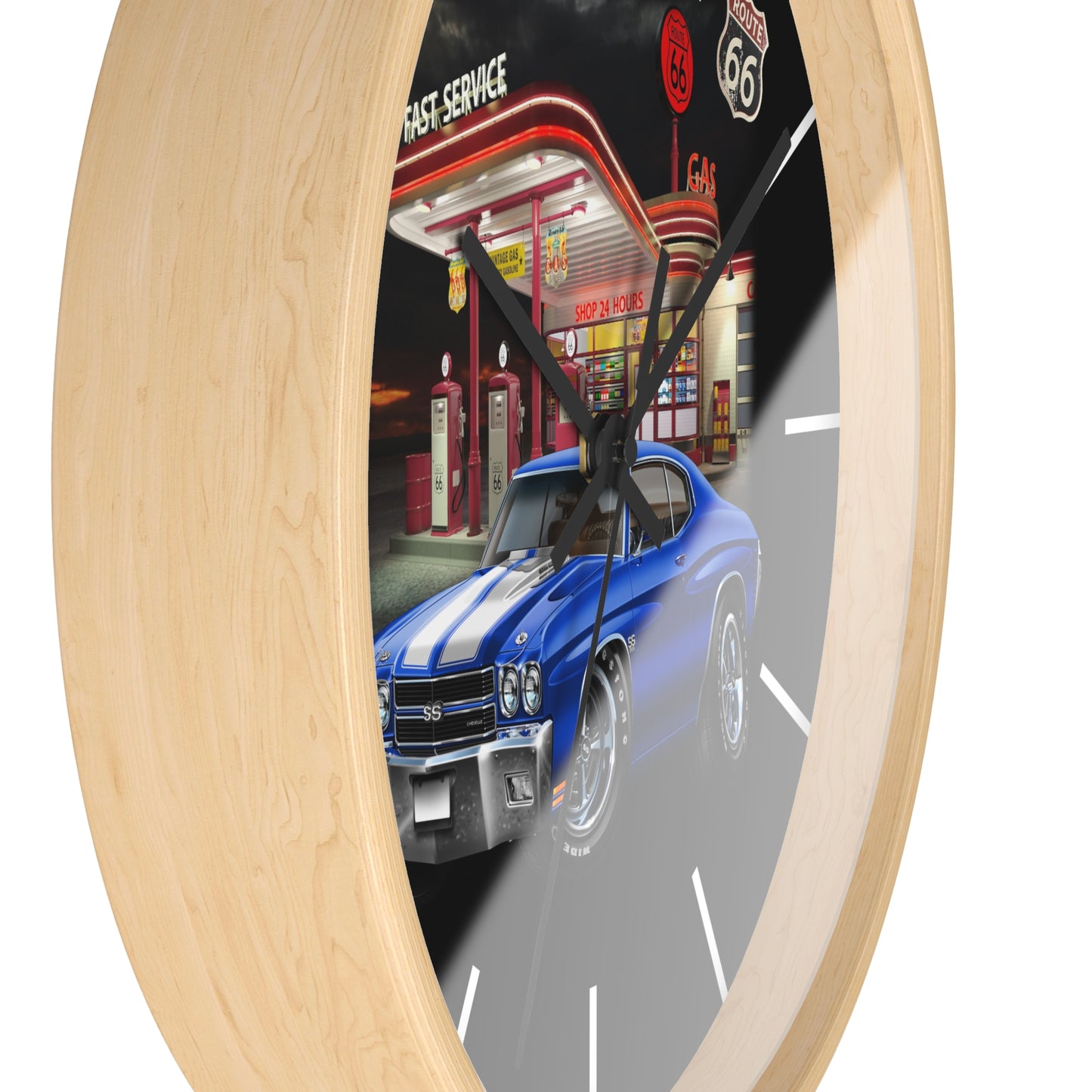 Classic Muscle Car Wall Clock — Blue 1970 Chevelle at Route 66 Gas Station