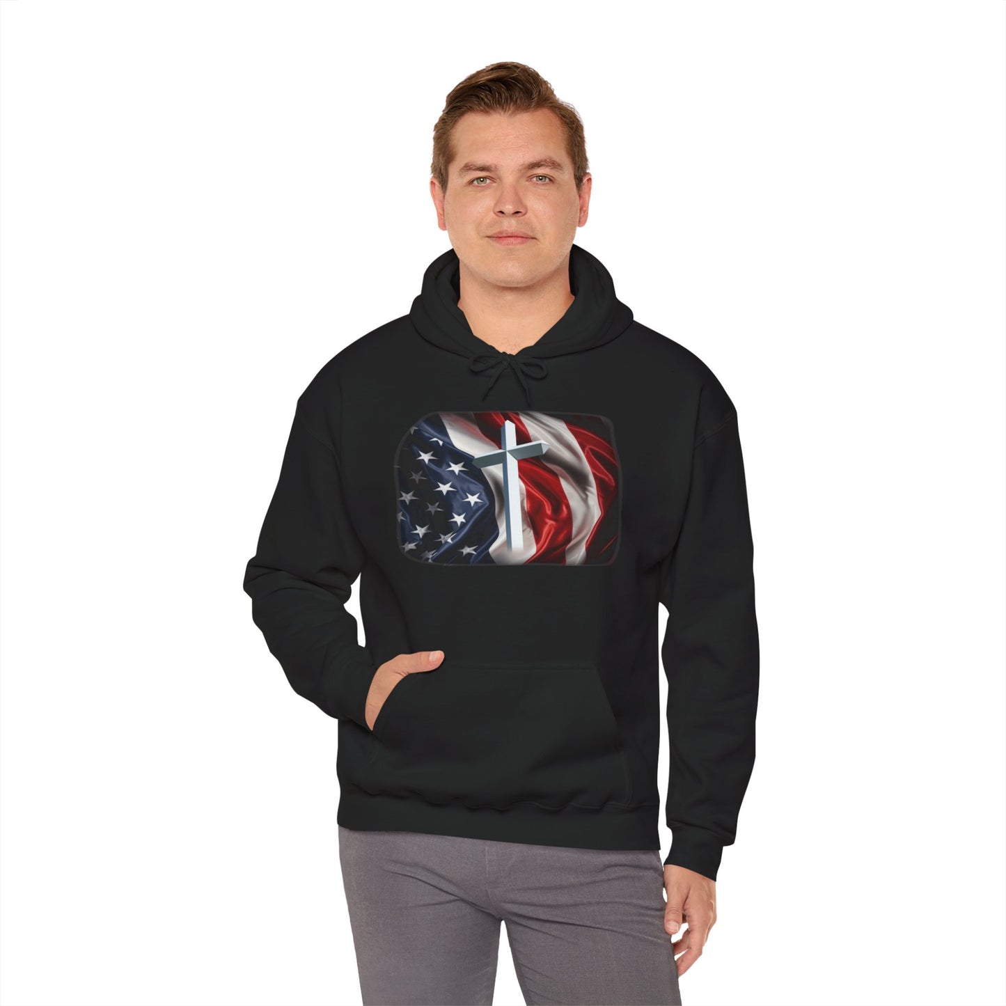 Gildan Patriotic Cross Hoodie — American Flag Christian Faith Pullover