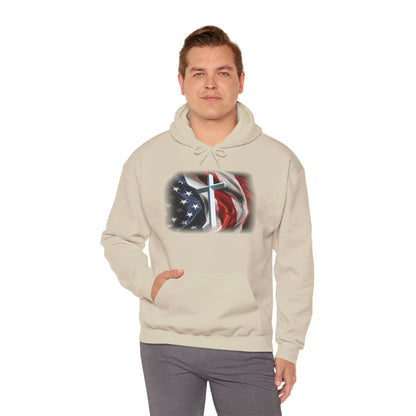 Gildan Patriotic Cross Hoodie — American Flag Christian Faith Pullover