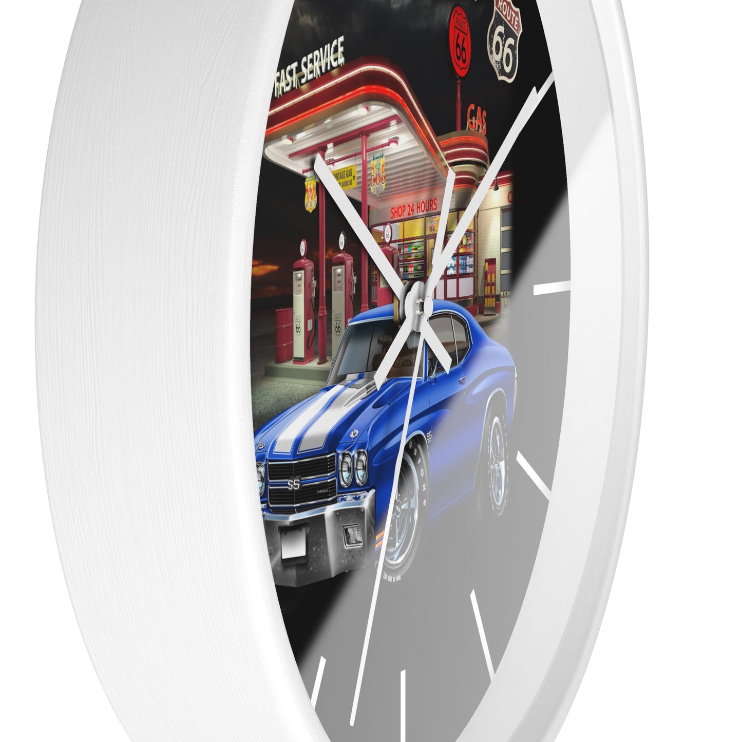 Classic Muscle Car Wall Clock — Blue 1970 Chevelle at Route 66 Gas Station