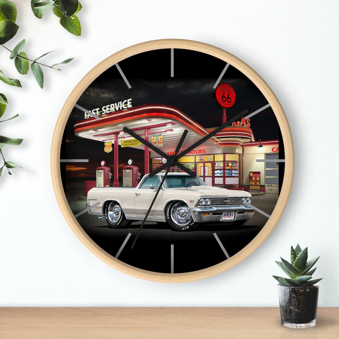 1966 El Camino Classic Car Wall Clock — Retro Route 66 Gas Station Design