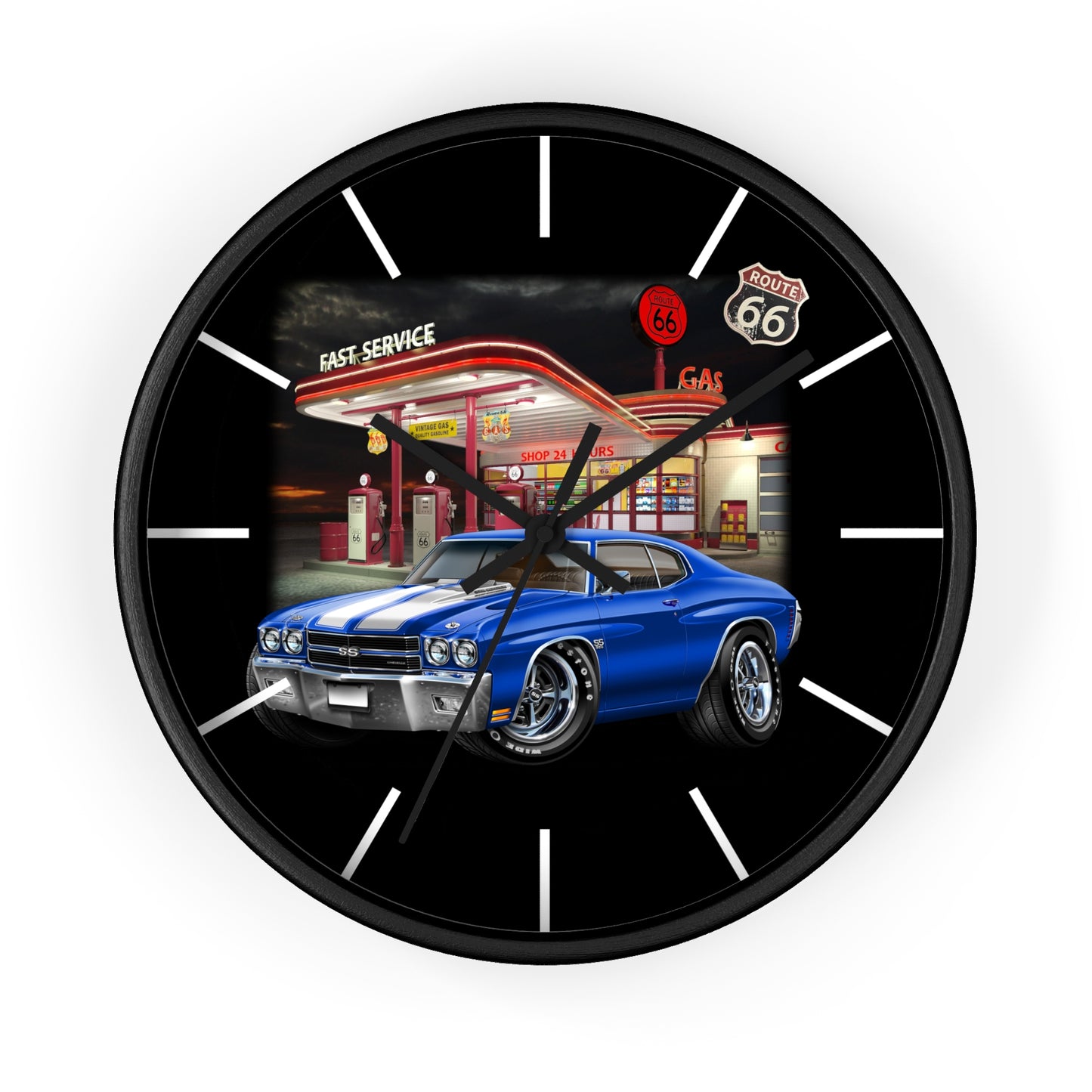 Classic Muscle Car Wall Clock — Blue 1970 Chevelle at Route 66 Gas Station