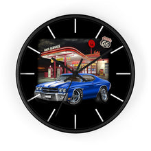 Classic Muscle Car Wall Clock — Blue 1970 Chevelle at Route 66 Gas Station