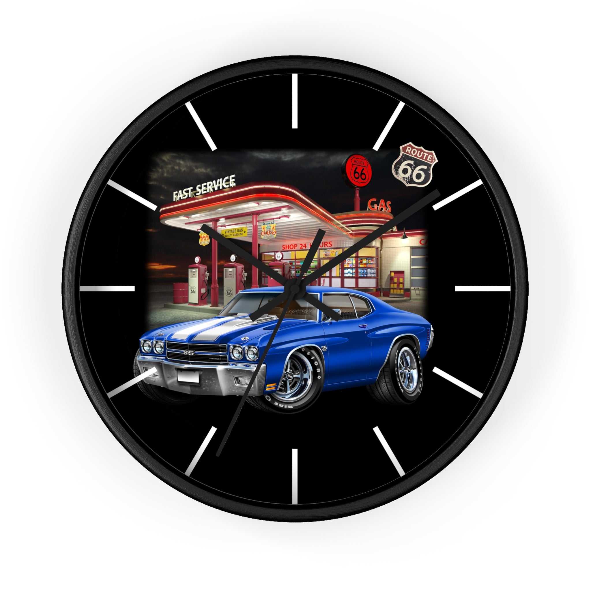 Classic Muscle Car Wall Clock — Blue 1970 Chevelle at Route 66 Gas Station