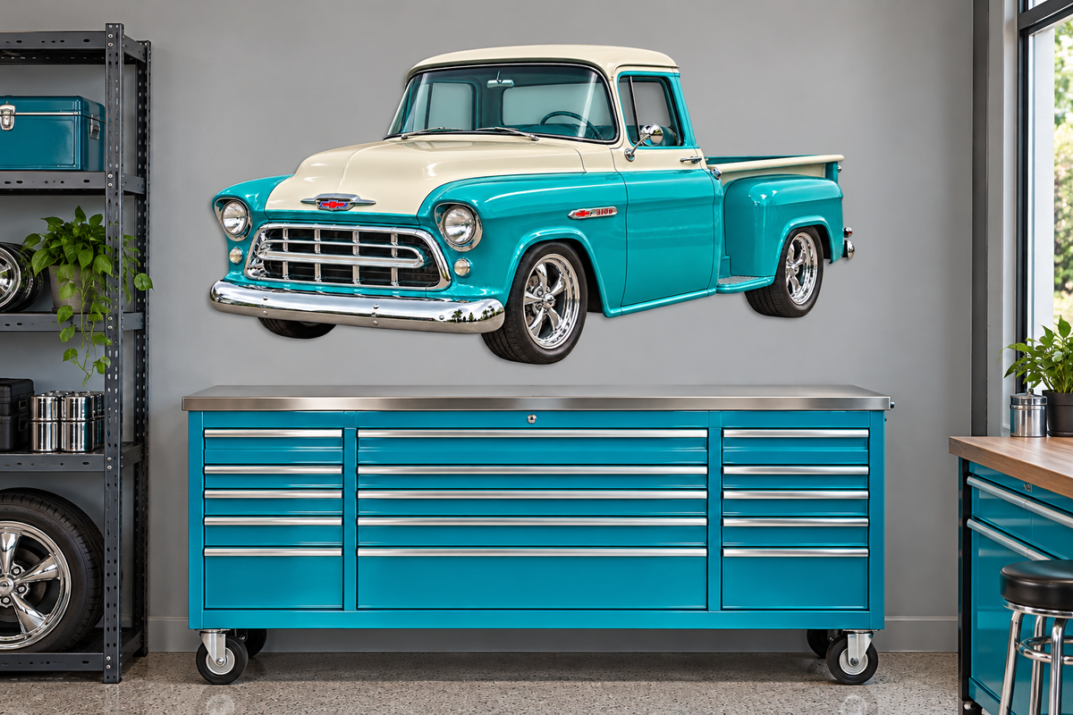 Turquoise & Cream 1955 Chevrolet 3100 garage wall decal preview