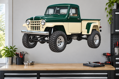 1955 Willys Pickup Forest Green & Cream garage wall decal mockup